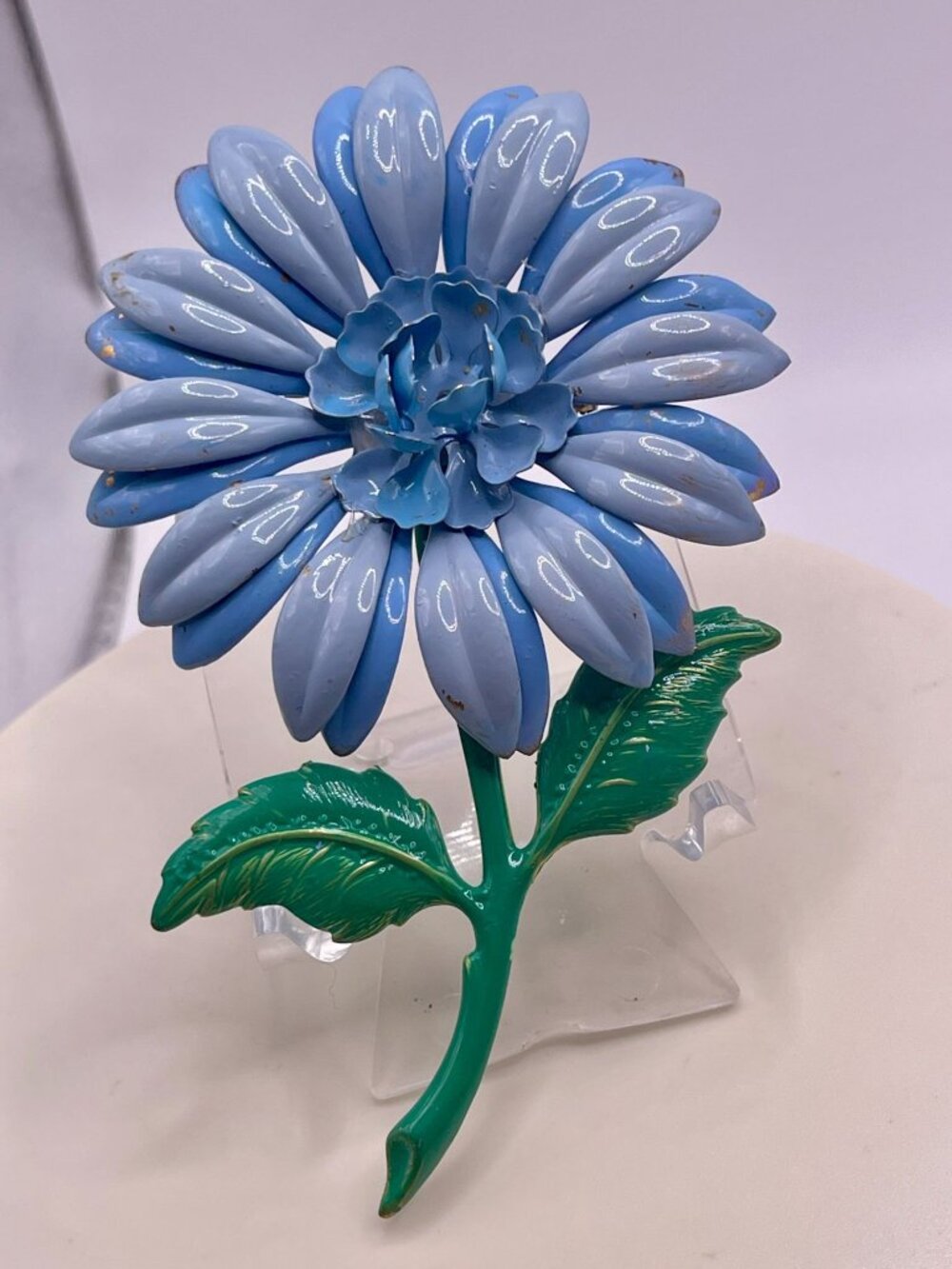 Vintage 1960s Enamel Flower Power Brooch Retro Sky Blue & Grass Green Pin 7" Bol